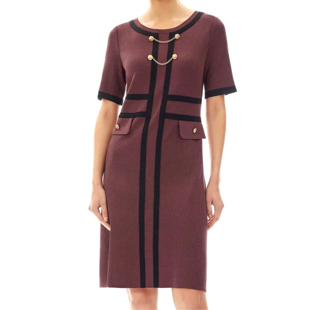 MING WANG Knit Shift Dress Burgundy Wine Contrast Trim Gold Chain Small Work